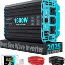 1500 Watt Pure Sine Wave Inverter, 12V DC to 120V AC Inverters for Car, RV, Truck, Home, Camping, Solar Power Inverter with 3 AC Outlet, 30W USB-C, 5V 3.1A USB, Remote Control, Surge 3000W