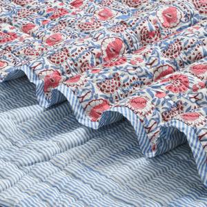 Ridhi Block Print Quilted Pigeon Blue & Flamingo Pink Reversible Throw Blanket 100% Cotton Quilt,Cover for Couch and Bed, Sage Lap Bedding Coverlet, Luxury Oversized Quilted Throw King 96" X 106"