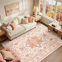 Area Rugs 6'x9' Washable Non-Slip, Floral Vintage Distress Print Pattern Medallion Carpet for Living Room Bedroom Dining Room, Light Pink Colorful