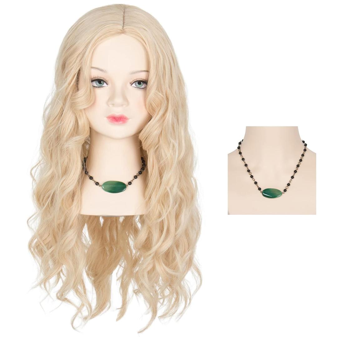 Miss U Hair Princess Long Blonde Wavy Wig with Necklace Middle Part Halloween Party Elf Wig for Small Head