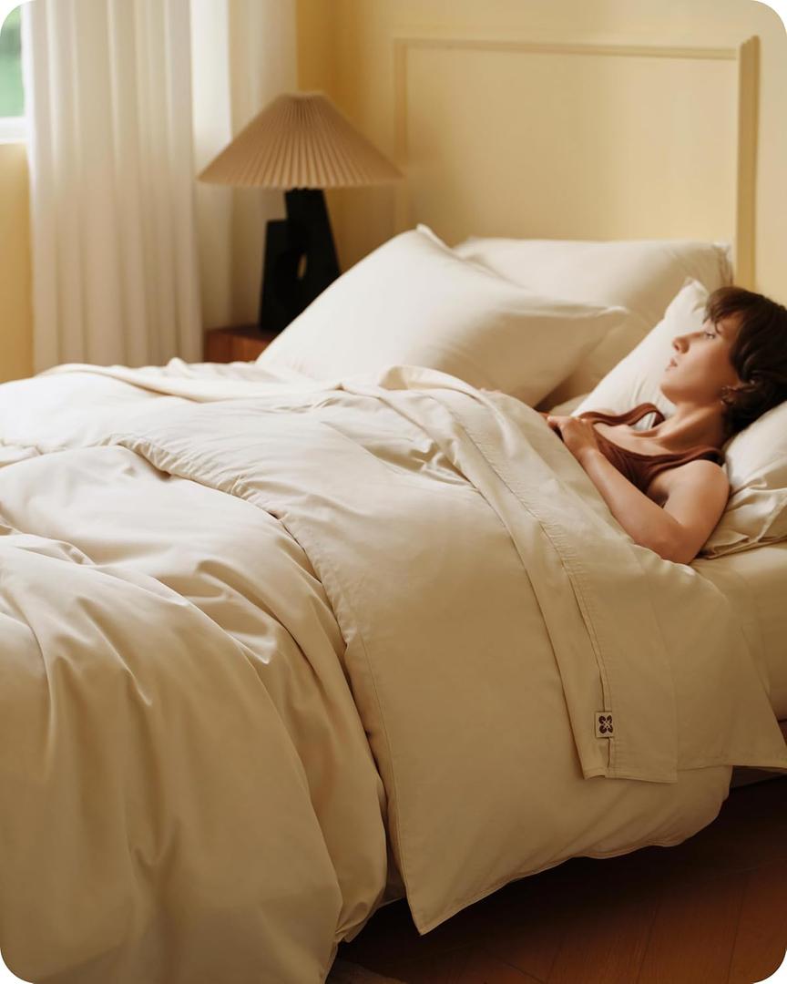 Bedsure Cotton Duvet Cover Queen Size, Cotton & Rayon Derived from Bamboo Blend Duvet Cover Set for Hot Sleepers, Ultra-Soft, Breathable & Lightweight Home Bedding for All Seasons (Beige, 90"x90") (03 - Cooling Beige (No Comforter))