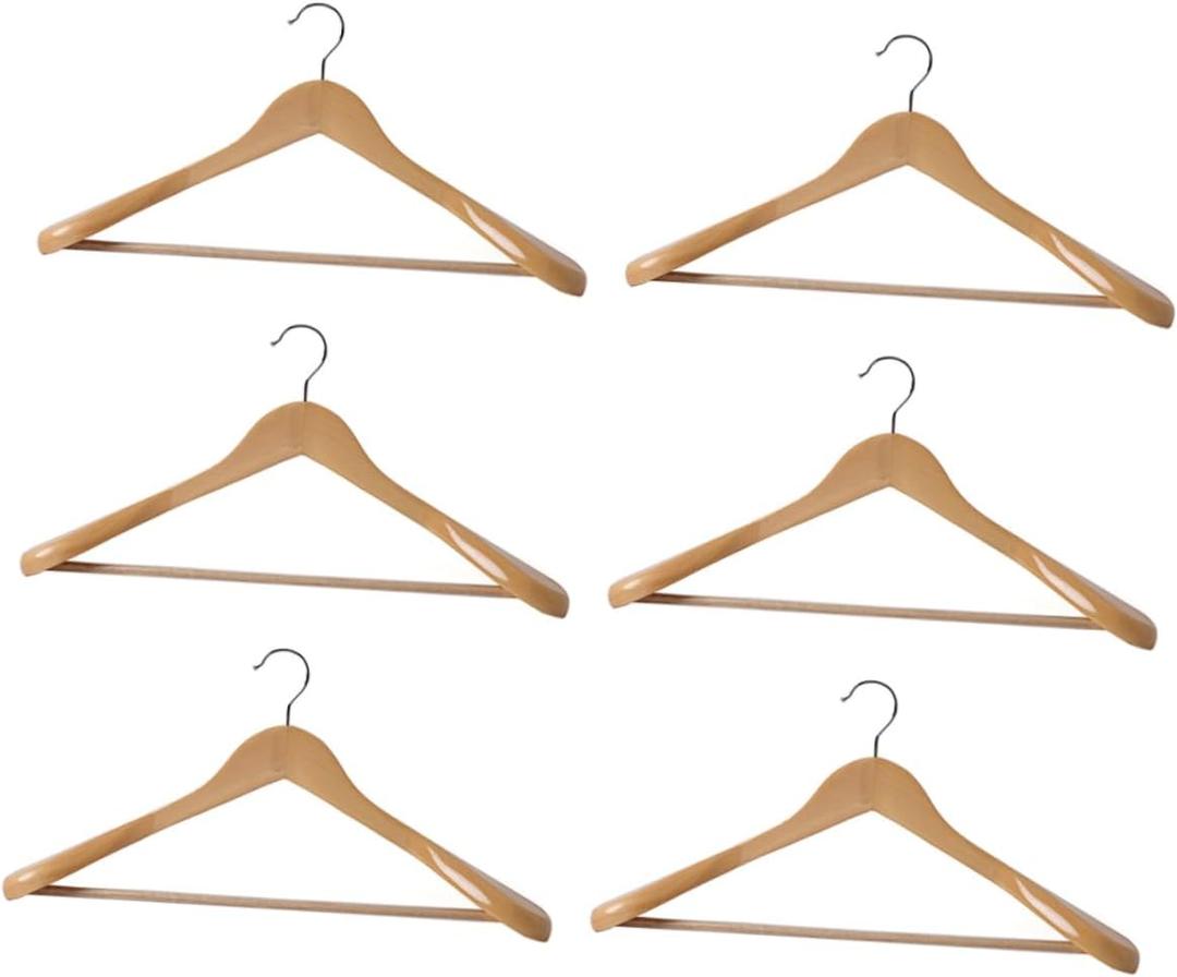 6Pcs Non-Slip Wooden Coat Hangers Curved Design Suit Hangers for Jackets and Pants Strong Sturdy Clothes Storage for Closet Organization
