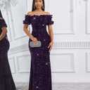 dasmzper Women Sexy Sequin Off Shoulder Ruffle Short Sleeve Bodycon Mermaid Party Formal Evening Maxi Dress (Purple) XXL