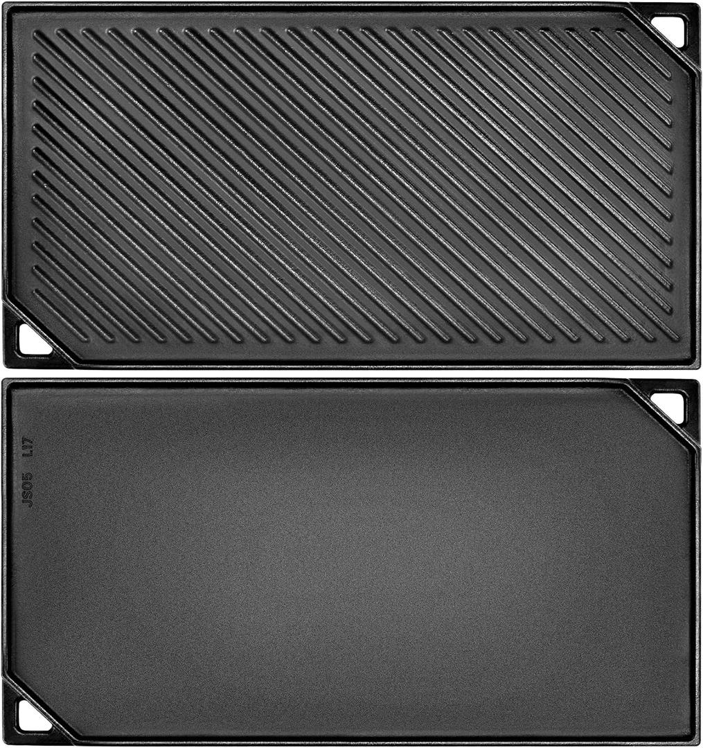 GGC Reversible Cast Iron Griddle, Double-sided Griddle Pan for Stove Tops, Gas Grills and Outdoor Cooking, 16.5 x 9.5 Baking Flat and Ribbed Griddle Plate