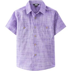 JOGAL Boys Chambray Shirts Short Sleeve Button Down Casual Cotton Woven Shirt with Two Pockets for Kids, Size: 10