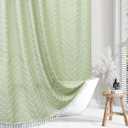 Boho Shower Curtain with White Tassel Woven Fabric Sage Green Shower Curtain 72 x 72 Modern Farmhouse Textured Tufted Chevron Striped Minimalist Bathroom Shower Curtain