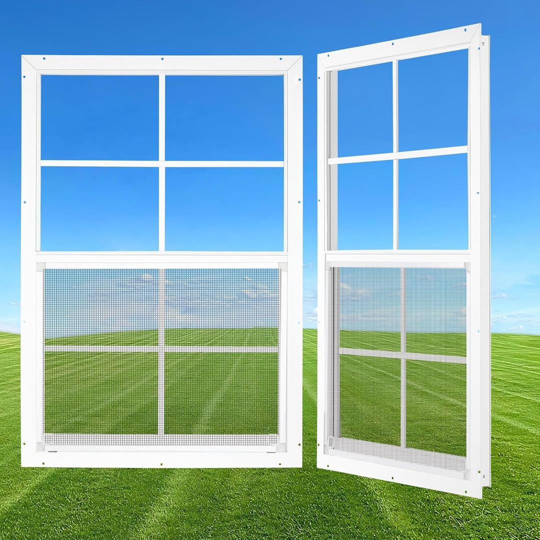 24" x 36" Shed Windows 2 Pack, Small Sliding Window with Tempered Glass & Metal Mesh Screen, Flush Mount Windows for Shed Chicken Coop Barn Household Garage Basement Cabin Playhouse