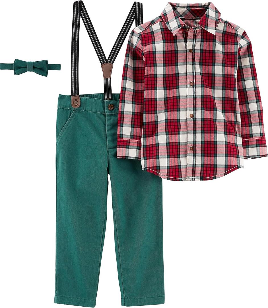 Simple Joys by Carter's baby-boys 4-piece Special Occasion Bow-tie and Suspender Pants Set (Olive Heather/Red Tartan Plaid)