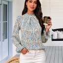 Womens Frill Mock Neck Boho Floral Tops Elegant Puff Long Sleeve Shirts 2025 Casual Vacation Outfits Work Blouse (Blue, XL)