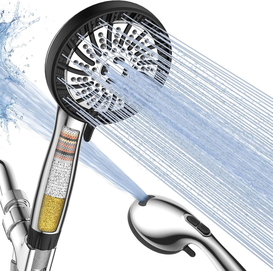 High Pressure Shower Head with Handheld, Filtered Shower Head with 8 Mode, Water Softener Anti-clog Nozzles, Built-in Power Wash, Stainless Steel Hose,Overhead Brackets (Chrome)