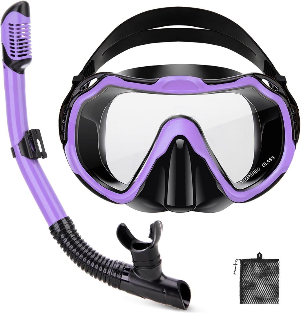 Snorkeling Gear for Adults, Adult Snorkel Set with Panoramic Anti-Leak and Anti-Fog Tempered Glass Snorkel Mask, Dry Top Snorkel, Snorkle Mask Set Adult with Mesh Bag Ear Plug for Snorkeling