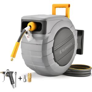 Air Hose Reel 100 Ft Retractable, 3/8 in x 100 Ft Hybrid Hose Air Compressor Hose Reel with 6 Ft Lead in Max 300 PSI Patented Design for Any Length Lock 180Swivel Bracket Quick Coupler