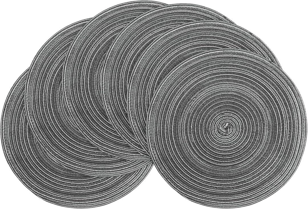 Floroom 15 Inch Round Braided Placemats Set of 6, Washable Heat Resistant Cotton Polyester Circle Place Mats for Kitchen Dining Table - Mist Grey