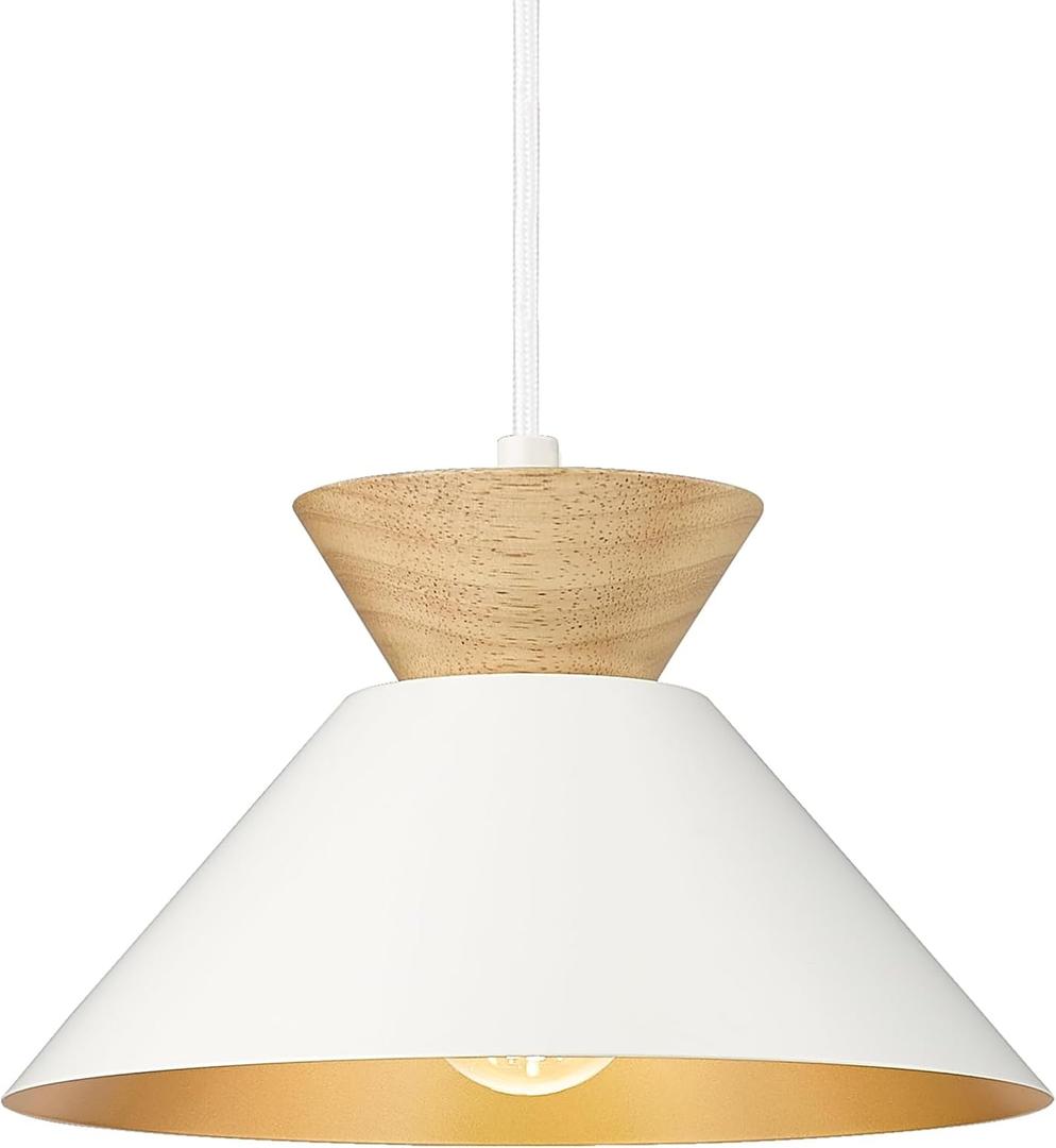 ELYONA Modern Pendant Light Fixtures 10" Solid Wood Hanging Lamp Nordic White Metal & Gold Inner Finish Boho Pendant Light for Farmhouse Kitchen Island Dining Room Bedroom Living Room Hallway