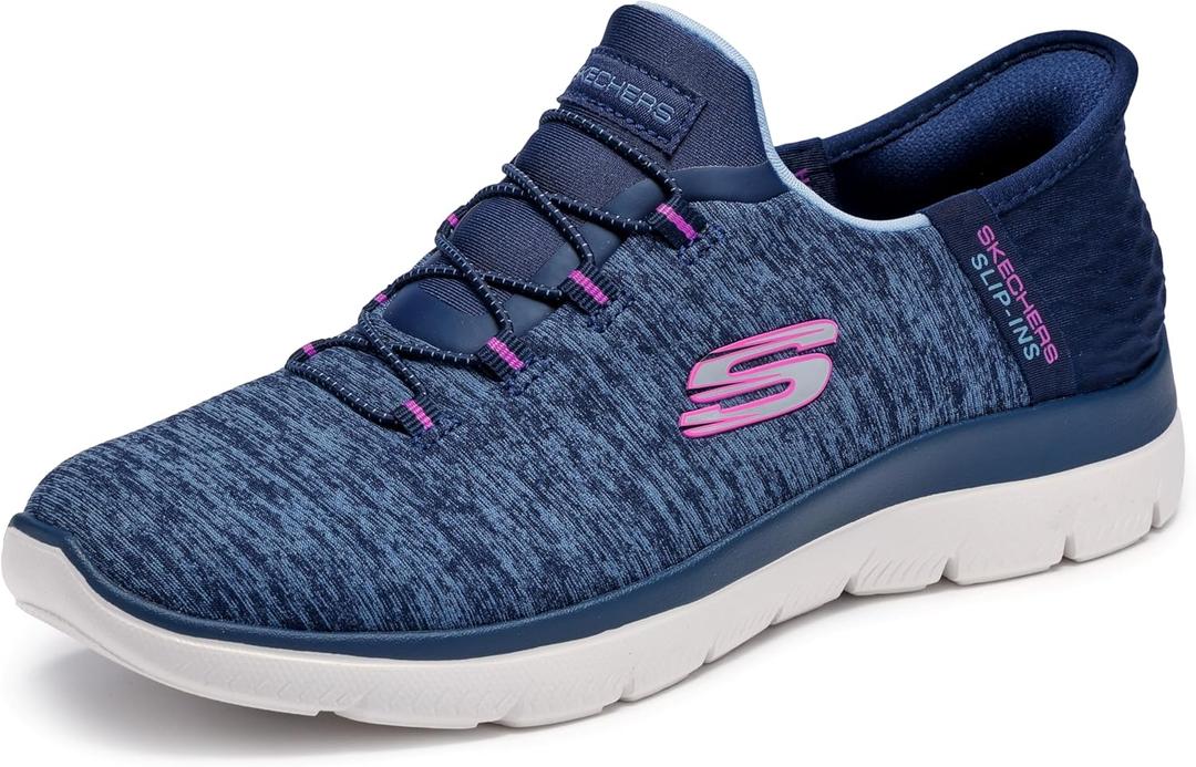 Skechers Women's Summits - Dazzling Haze Hands-Free Slip-Ins - Memory Foam Insole, Heel Pillow, Vegan Materials Sneaker (9 Wide, Navy Purple)