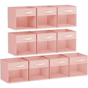 DIMJ Storage Cubes, Cube Storage Bin, 10 Pack Foldable Baskets with Window, Closet Storage Bins with Handle, 11x 11 inch Storage Cubes for Clothes, Toys, Books (Pink)
