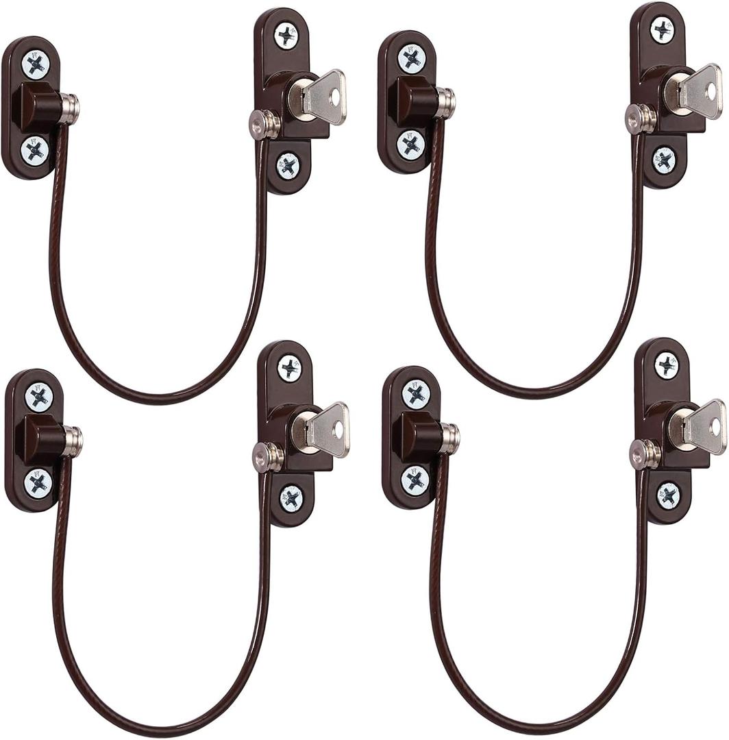 eSynic 4 Pack Window Child Safety Locks for upvc Windows Screw Mounted Window Opening Rrestrictor with Keys 185mm/7.3 Inch Long Wire Window Safety Restrictor for Baby Home Office Safety etc