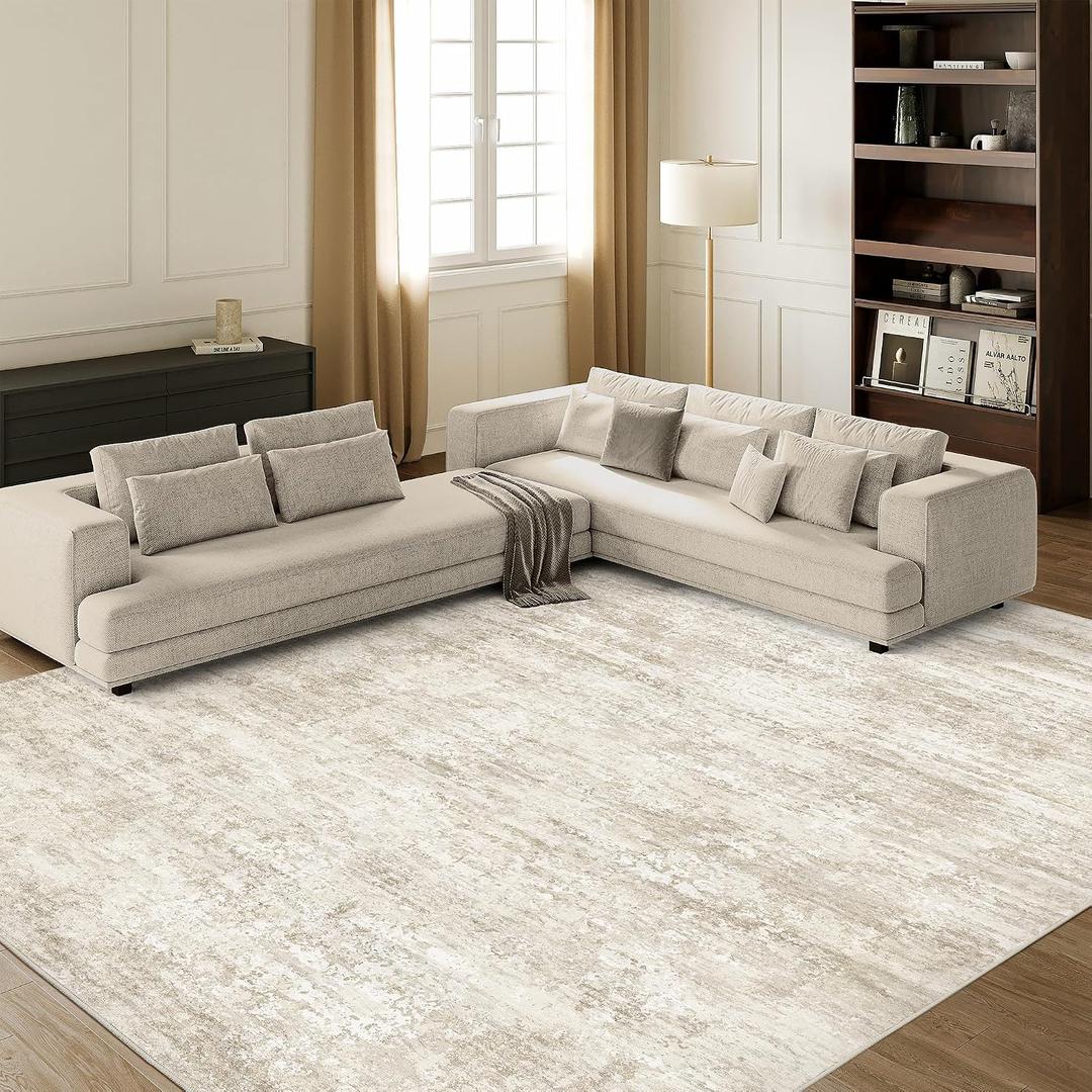 Area Rugs 9x12 Living Room, Abstract Large Washable Area Rug Beige