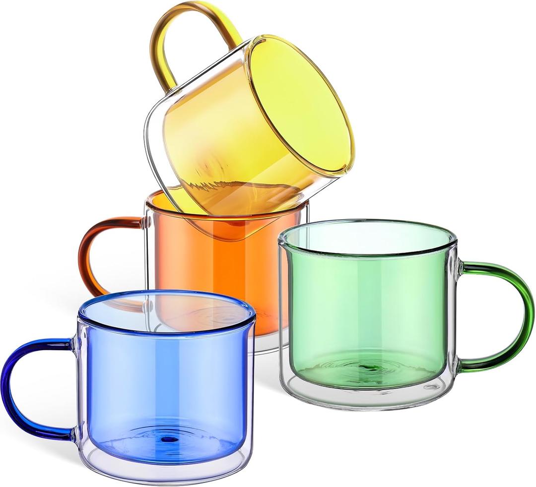 Domensi 4 Pcs Double Wall Coffee Mugs 10 Ounce Milk Glass Mugs with Handle Insulated Tea Cups Gift Set for Holidays Birthday Home Coffee Bar(Amber, Green, Blue, Yellow)