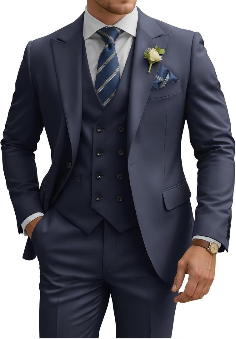 Mens Suit 3 Piece Slim Fit Suits for Men Double Breasted Suit Wedding Prom Suits Formal Business Dinner Tuxedo (Blue, L)