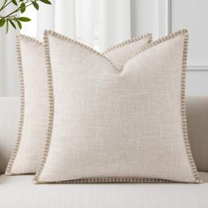 decorUhome Summer Decorative Throw Pillow Covers 18x18 Set of 2 Square Faux Linen Outdoor Neutral Farmhouse Pillow Covers with Stitched Edge for Couch Sofa Living Room, Beige