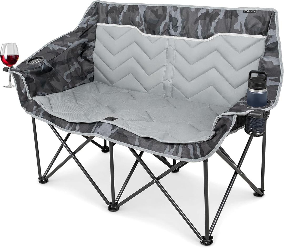 Padded Double Camping Chair Oversized 2 Person Camp Chair,Black Camouflage, Loveseat XL