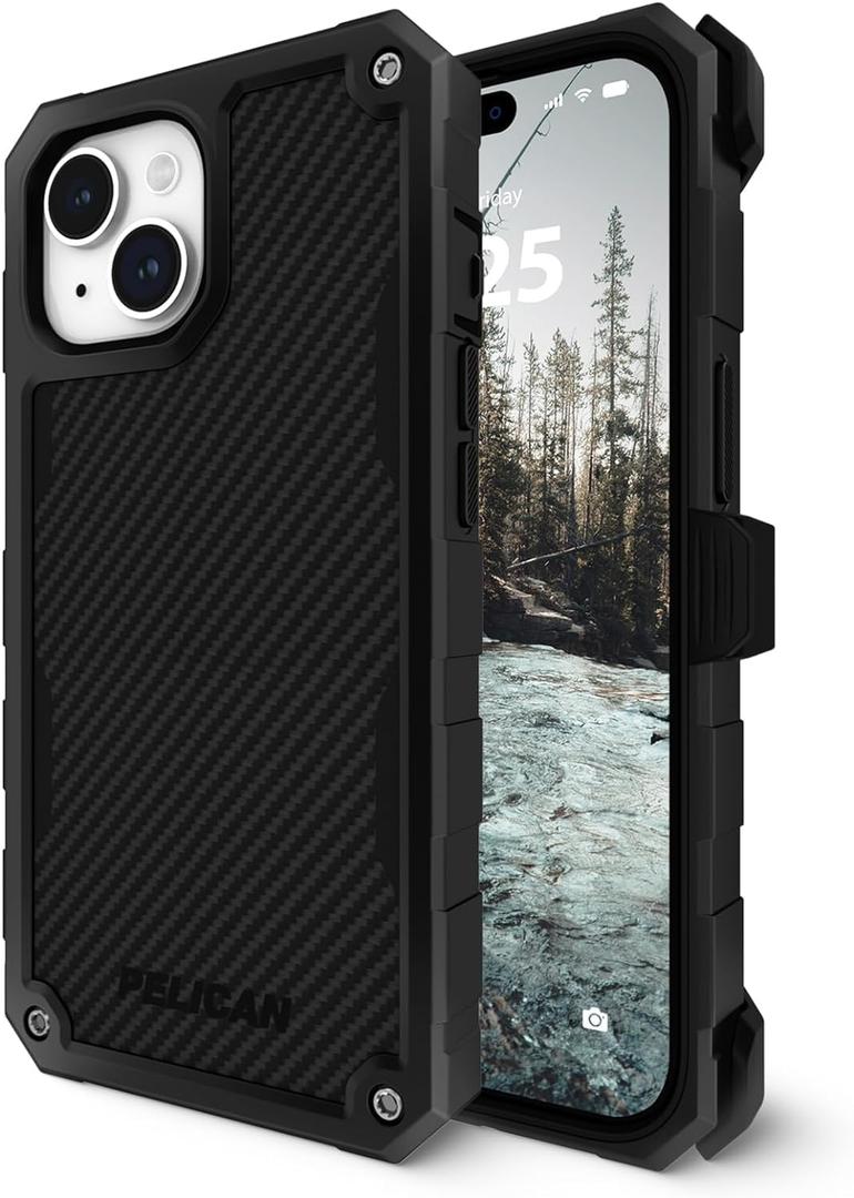 Pelican Shield Series - iPhone 15, iPhone 14, iPhone 13 Case 6.1" [MagSafe] [21ft Military Grade Drop Protection] Rugged, Magnetic Case Kevlar Cover with Belt Clip Holster Kickstand - Black