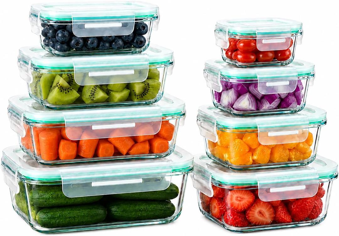 Peaktet 8 Pack Glass Food Storage Containers with Lids, Airtight Meal Prep Containers Set, Leakproof Glass Lunch Containers, BPA-Free Locking Lids, Oven Microwave Freezer Dishwasher Safe