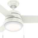 Hunter 36 inch Small Indoor Ceiling Fan with LED Light and Pull Chain - Modern Ceiling Fan, Standard Mount, 3 Blades, For Bedroom, Home Office, or Laundry Room, Quiet - Aker 59301, Fresh White