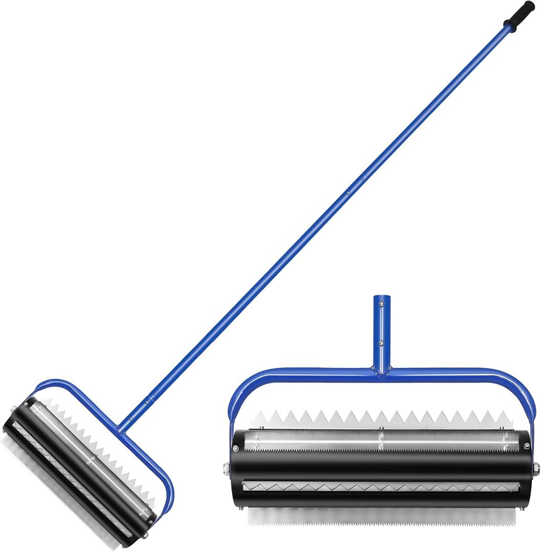 14ft Stainless Steel Lake Weed Roller, Beach Roller Lake Weed Remover, Rid Weeds Roots and Muck Buildup, 4 Aluminum Handles, 6 Preassembled Stainless Steel Blades, Super Easy Assembly, Blue.