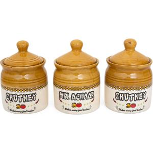 Set of 3 Ceramic Pickle & Chutney Jars With Lid - 10 Oz (300 ml)  Glazed Condiment Holder For Kitchen Counter, Food Storage Container for Spices, Sauces  Rustic Farmhouse Home Dining Table Decor