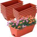 Window Box Planter, 12 Pack Plastic Vegetable Flower Planters Boxes 17 Inches Rectangular Flower Pots with Saucers for Indoor Outdoor Garden, Patio, Home Decor (Brick red)