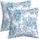 Blue and White Porcelain Floral Bird Pillow Covers 18x18, Flower Floral Chinoiserie Couch Pillow Case Set of 2, Modern Decorative Square Throw Pillows for Living Room