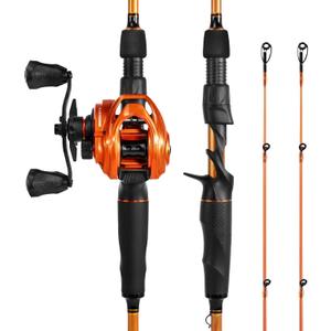 KastKing Lethal Blaze Twin-tip Fishing Rod and Reel Combo, Spinning & Baitcaster Combo, Flame Pattern Design, IM6 Graphite 2Pc Rod with Backup Tip Section, Stainless-Steel Guides, EVA Handle, 7'4" Heavy-Left Handed