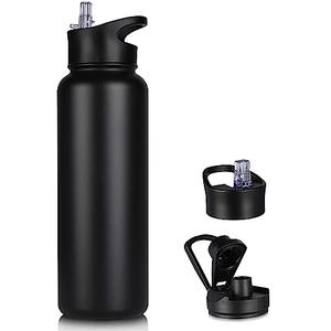 40 oz Insulated Water Bottle with Straw, Stainless Steel Sports Water Bottles with 2 Lids (Straw and Wide Mouth lid), Double Wall Vacuum, Leakproof, BPA-Free, Black