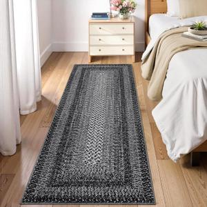 2x6 Boho Runner Rug Braided Print Hallway Area Rug Machine Washable Throw Floor Cover Non Slip Moroccan Runner Carpet for Kitchen Farmhouse Rustic Carpet for Living Room Bedroom, Black