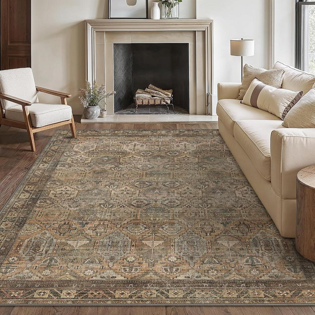 Bavni Washable Rug 8x10 Area Rug for Living Room Bedroom Dining, Washable Vintage Print Carpet, Ultra-Thin Chenille Low Pile Lightweight Rug with Non Slip Backing, Warm Taupe