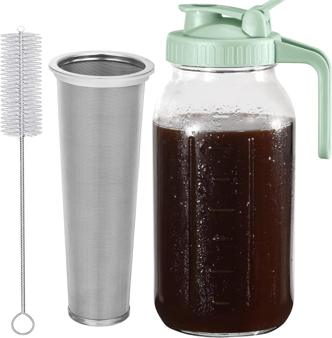Glyntrof Cold Brew Coffee Maker Pitcher, Green 64 Oz Heavy Duty Wide Mouth Glass Mason Jar pour spout Lid with Stainless Steel Filter for Iced Coffee, Ice Drinks