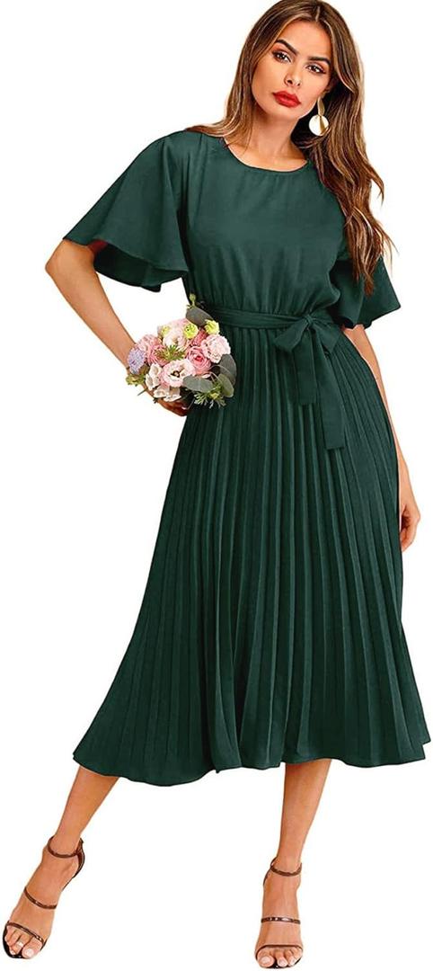 Milumia Women's Elegant Belted Pleated Flounce Sleeve Long Dress (Large, Green)