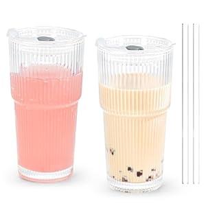 20oz Drinking Glass Set of 2 with Straw Lid Vertical Stripes Ribbed Iced Coffee Mugs Vintage Glass Cup for Tea Juice Soda Smoothie(Ribbed A*2 with Lid)