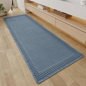 RESARE Waffle Bathroom Runner Rugs, Super Absorbent Bath Mat Non Slip Washable Quick Dry, Upgraded Ultra Soft Boho Bath Rugs with Tassels for Hallway Bedroom Laundry Room, 2'x5'(24"x60"), Blue