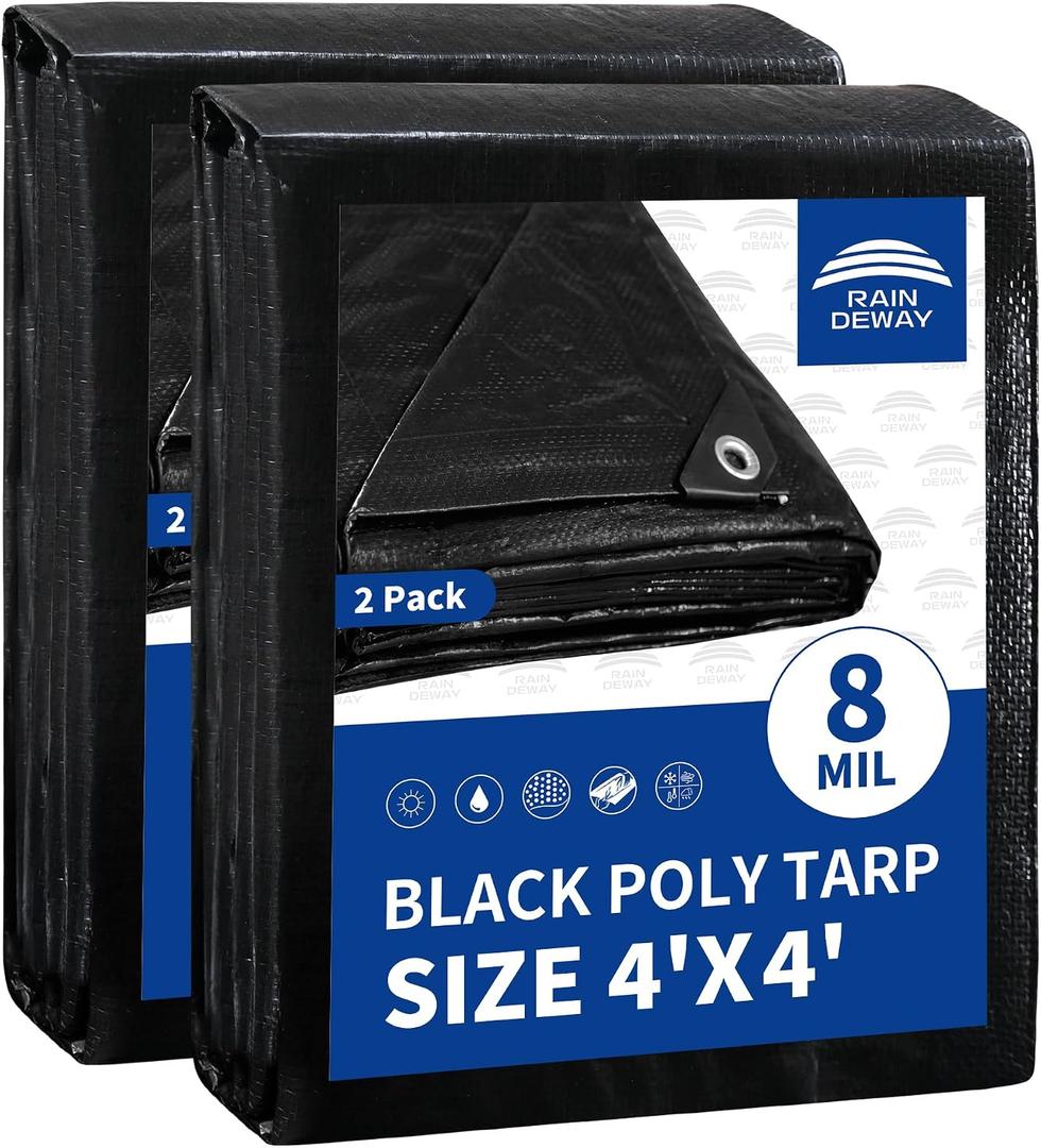 Small Black Tarps 4x4 Feet (2 Pack), UV Resistant, 8 Mil Multipurpose Medium Duty Waterproof Poly Tarp Cover with Metal Grommets and Reinforced Edges by RAINDEWAY