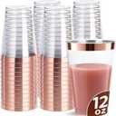 [200 Pack] 12oz Plastic Cups with Rose Gold Rimmed - Sturdy & Food Safe Plastic Wine Glasses Wedding Cups Party Cups Clear Cups Plastic Cocktail Glasses for Wine, Juice, Cocktails and Cold Beverages