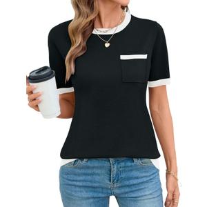 Rapbin Short Sleeve Sweater for Women Spring Summer Knit Tops Crew Neck Casual Lightweight Pullover Sweaters with Pocket (Black, S)