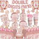 197pcs 10th Birthday Decorations for Girl, Double Digits Birthday Girl Serves 25, 10 Year Old Birthday Decorations Thick Plates Banner Tablecloths and Cake Topper with Cupcake Toppers