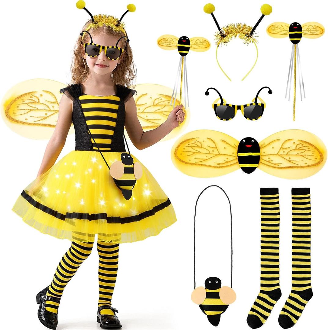 Latocos 8pcs Bee Costume Kids Toddler Light Up Bumblebee Tutu Dress Bee Wings Bag Socks Halloween Dress Up Gift (130(5-6Y))