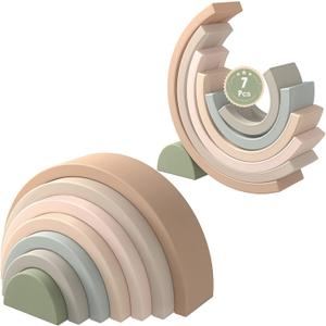 MCGMITT Rainbow Stacking Toy, Silicone Rainbow Stacker for Toddlers, Montessori Nesting Blocks, Building Creative Color Shape Matching Toy Set, 7 Layers (Brown) (Brown)