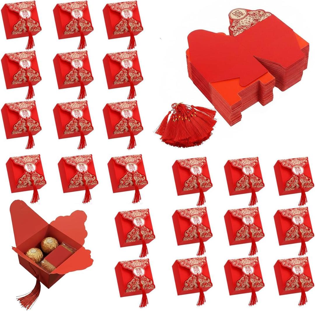 Abaodam Wedding Candy Boxes, 80pcs Chinese Favor Boxes with Tassel for Guests, Creative Bag Table Decorations for Engagement, Wedding Party, Bridal Shower, Celebration Gift (Red)