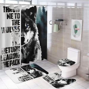 Cool Black White Wolf Shower Curtain Sets with Rugs 4 Piece Accessories Bathroom Curtains Shower Set Include Shower Curtain Non-Slip Rug Toilet Lid Cover Bath Mat One Size