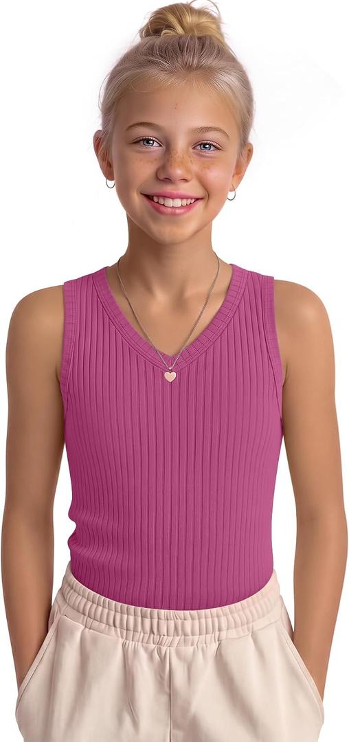 Girls' Tank Tops Sleeveless Shirts | Ribbed Knit, V Neck, Slim Fit, Summer, Casual, Basic Undershirts, Cute, for Kids 5-14Y, Teen, Solid Color, Back to School